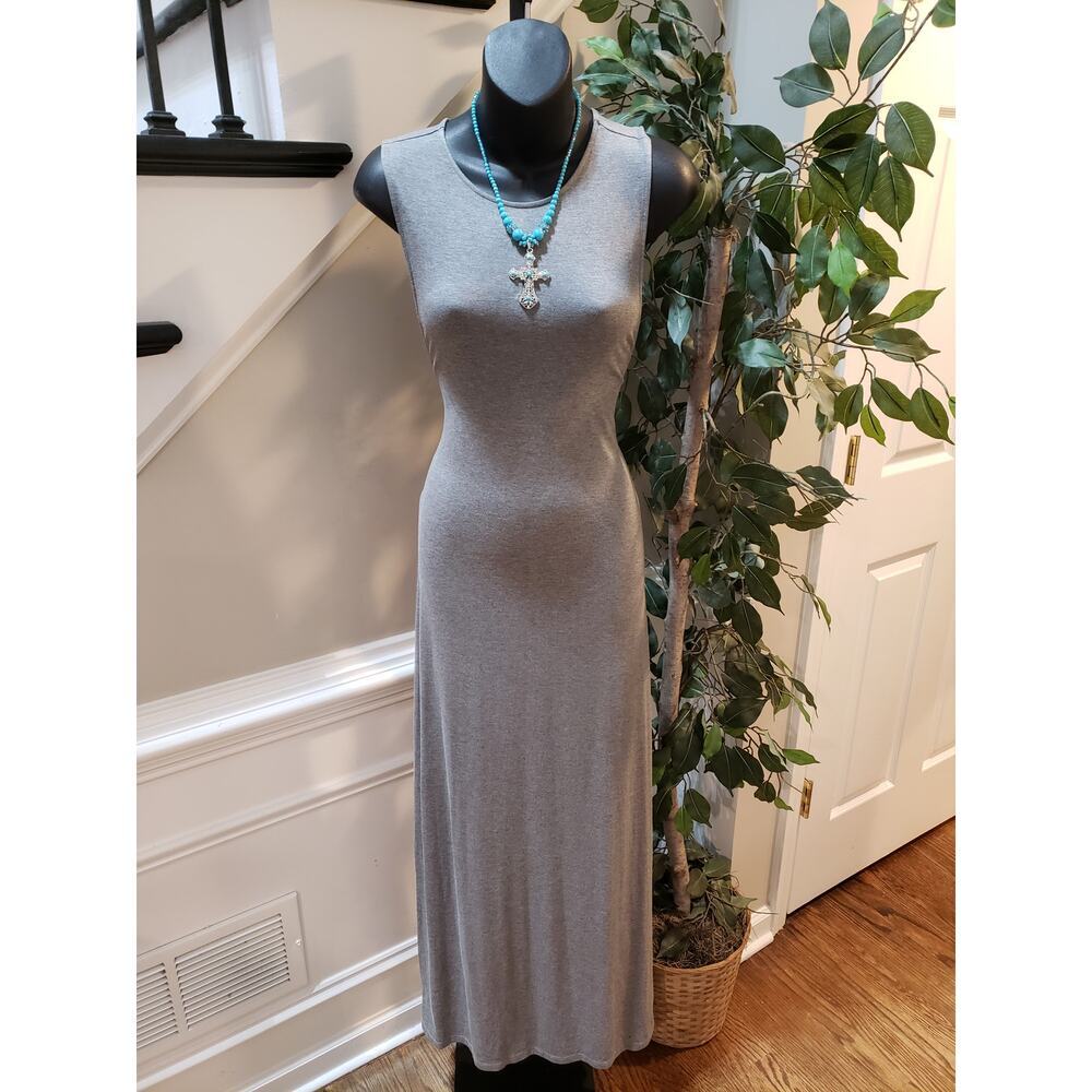 Press Long Maxi Dress Womens Small Gray Stretch Sleeveless Round Neck Pullover